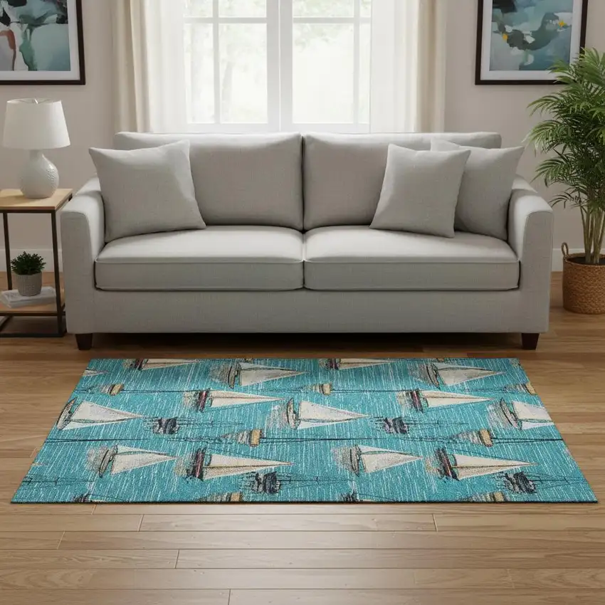 Teal Blue Ivory And Gold Nautical Washable Area Rug With UV Protection Photo 1