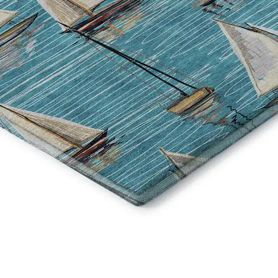 Teal Blue Ivory And Gold Nautical Washable Area Rug With UV Protection Photo 9