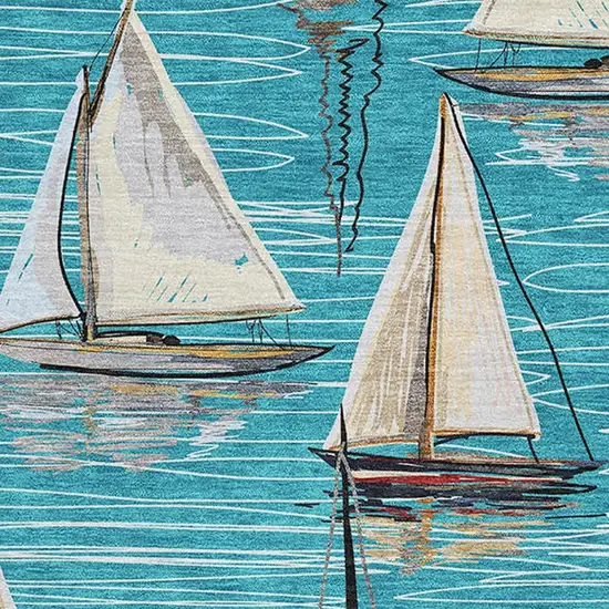 Teal Blue Ivory And Gold Nautical Washable Area Rug With UV Protection Photo 4