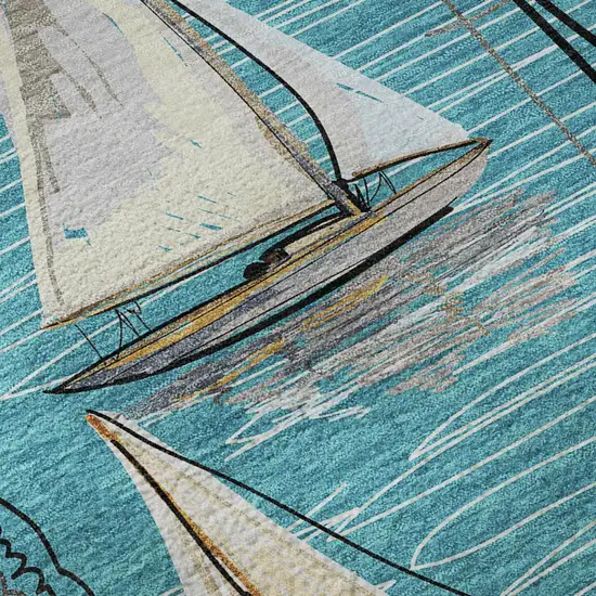 Teal Blue Ivory And Gold Nautical Washable Area Rug With UV Protection Photo 8