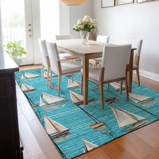 Teal Blue Ivory And Gold Nautical Washable Area Rug With UV Protection Photo 7