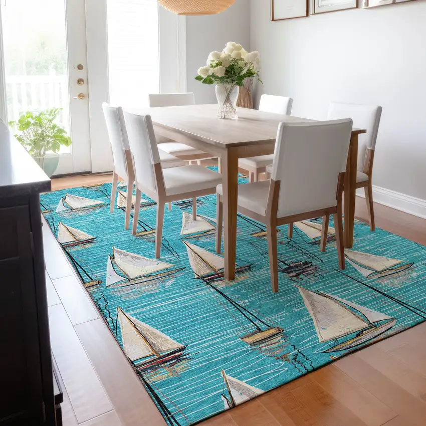 Teal Blue Ivory And Gold Nautical Washable Area Rug With UV Protection Photo 7