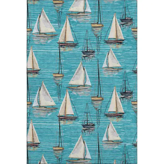 Teal Blue Ivory And Gold Nautical Washable Area Rug With UV Protection Photo 2