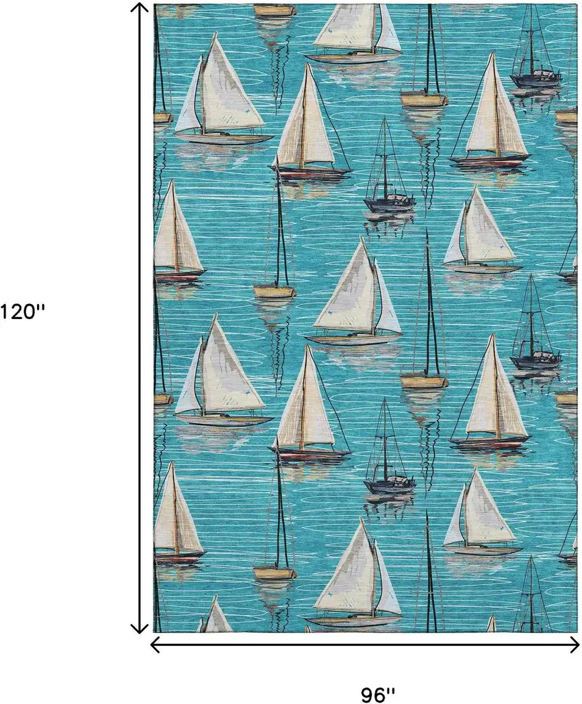 Teal Blue Ivory And Gold Nautical Washable Area Rug With UV Protection Photo 3