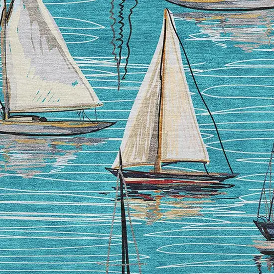 Teal Blue Ivory And Gold Nautical Washable Area Rug With UV Protection Photo 4