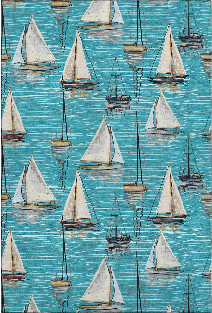 Teal Blue Ivory And Gold Nautical Washable Area Rug With UV Protection Photo 2