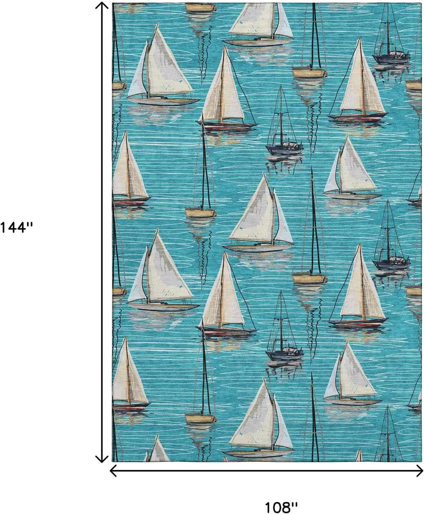 Teal Blue Ivory And Gold Nautical Washable Area Rug With UV Protection Photo 3