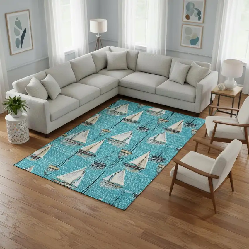 Teal Blue Ivory And Gold Nautical Washable Area Rug With UV Protection Photo 1