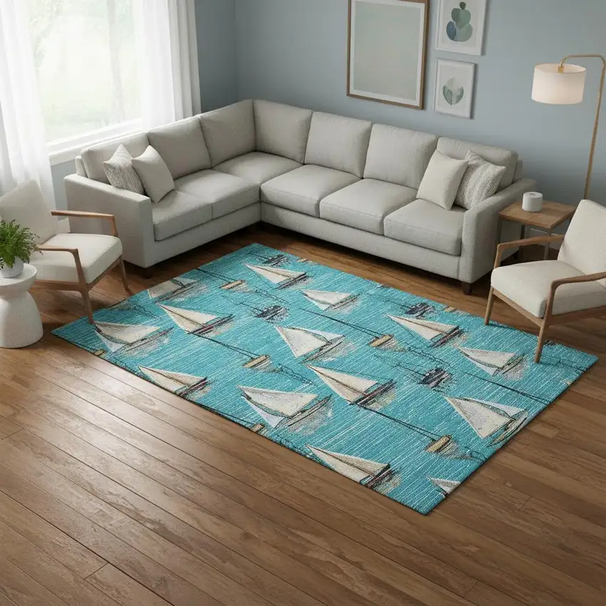 Teal Blue Ivory And Gold Nautical Washable Area Rug With UV Protection Photo 1