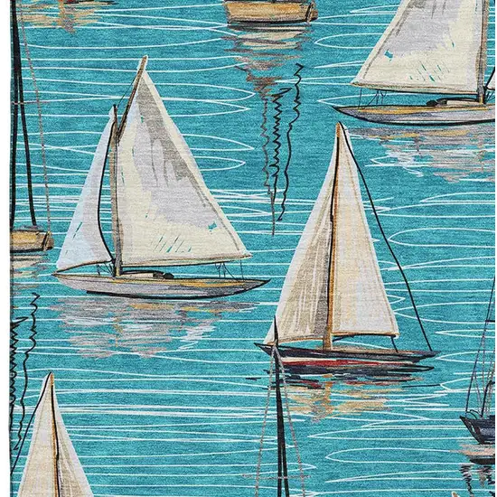Teal Blue Ivory And Gold Nautical Washable Area Rug With UV Protection Photo 5