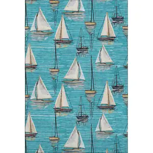 Photo of Teal Blue Ivory And Gold Nautical Washable Area Rug With UV Protection