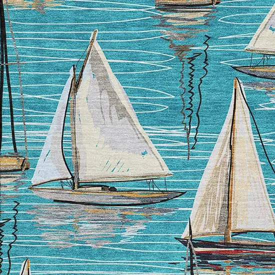 Teal Blue Ivory And Gold Nautical Washable Area Rug With UV Protection Photo 4