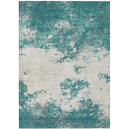 Teal Blue Ivory And Gray Abstract Washable Indoor Outdoor Area Rug Photo 2