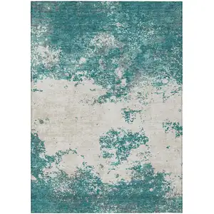 Photo of Teal Blue Ivory And Gray Abstract Washable Indoor Outdoor Area Rug