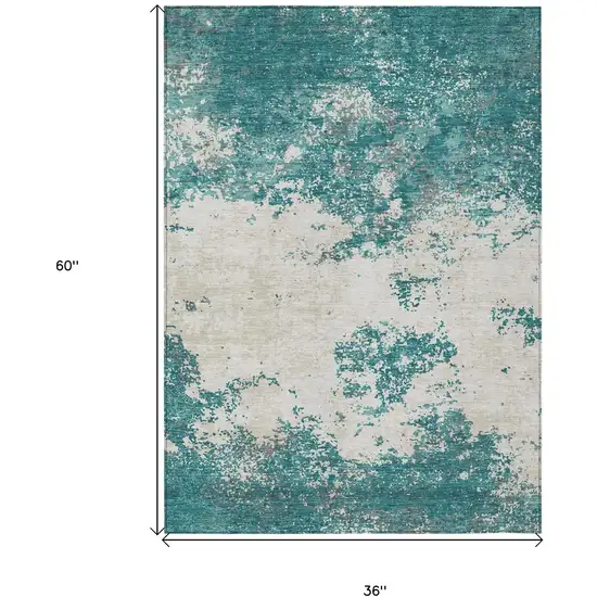 Teal Blue Ivory And Gray Abstract Washable Indoor Outdoor Area Rug Photo 7