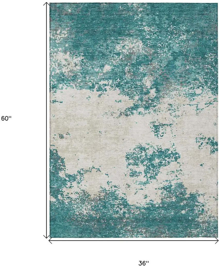 Teal Blue Ivory And Gray Abstract Washable Indoor Outdoor Area Rug Photo 7