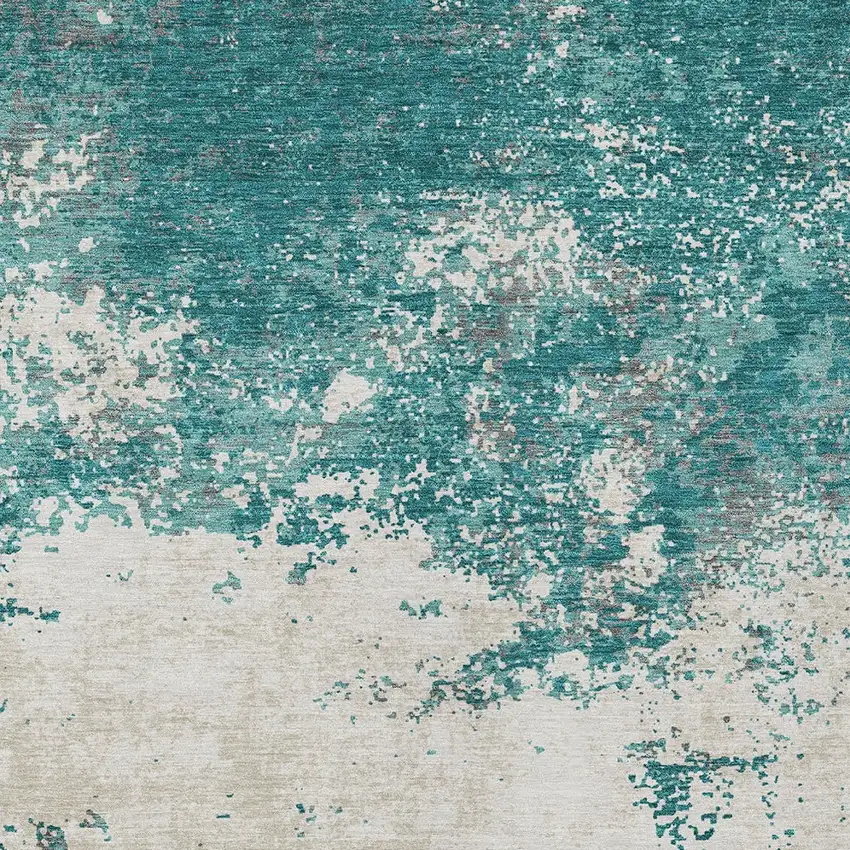 Teal Blue Ivory And Gray Abstract Washable Indoor Outdoor Area Rug Photo 5