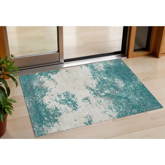 Teal Blue Ivory And Gray Abstract Washable Indoor Outdoor Area Rug Photo 1