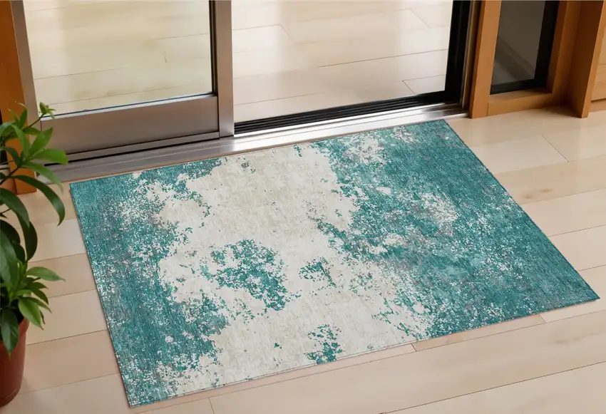 Teal Blue Ivory And Gray Abstract Washable Indoor Outdoor Area Rug Photo 1