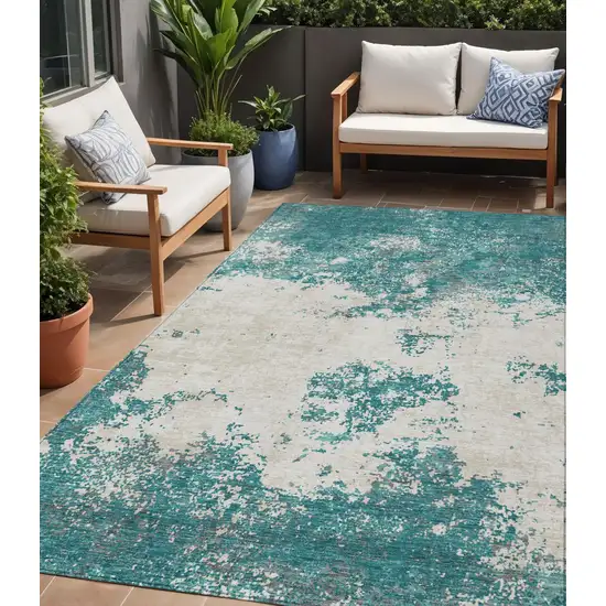 Teal Blue Ivory And Gray Abstract Washable Indoor Outdoor Area Rug Photo 1