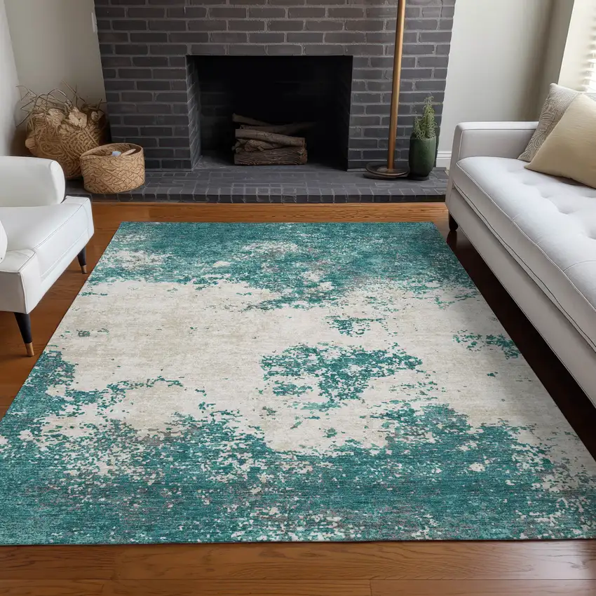 Teal Blue Ivory And Gray Abstract Washable Indoor Outdoor Area Rug Photo 9