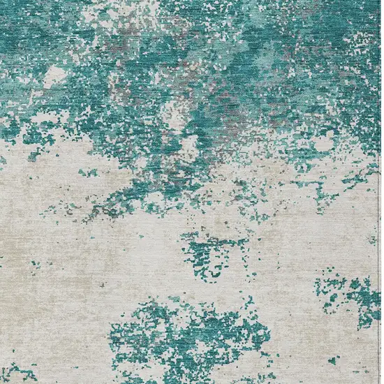 Teal Blue Ivory And Gray Abstract Washable Indoor Outdoor Area Rug Photo 6