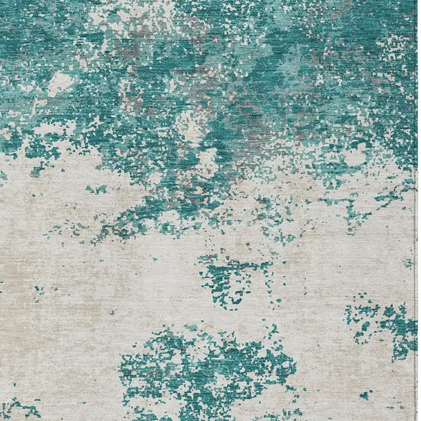Teal Blue Ivory And Gray Abstract Washable Indoor Outdoor Area Rug Photo 6