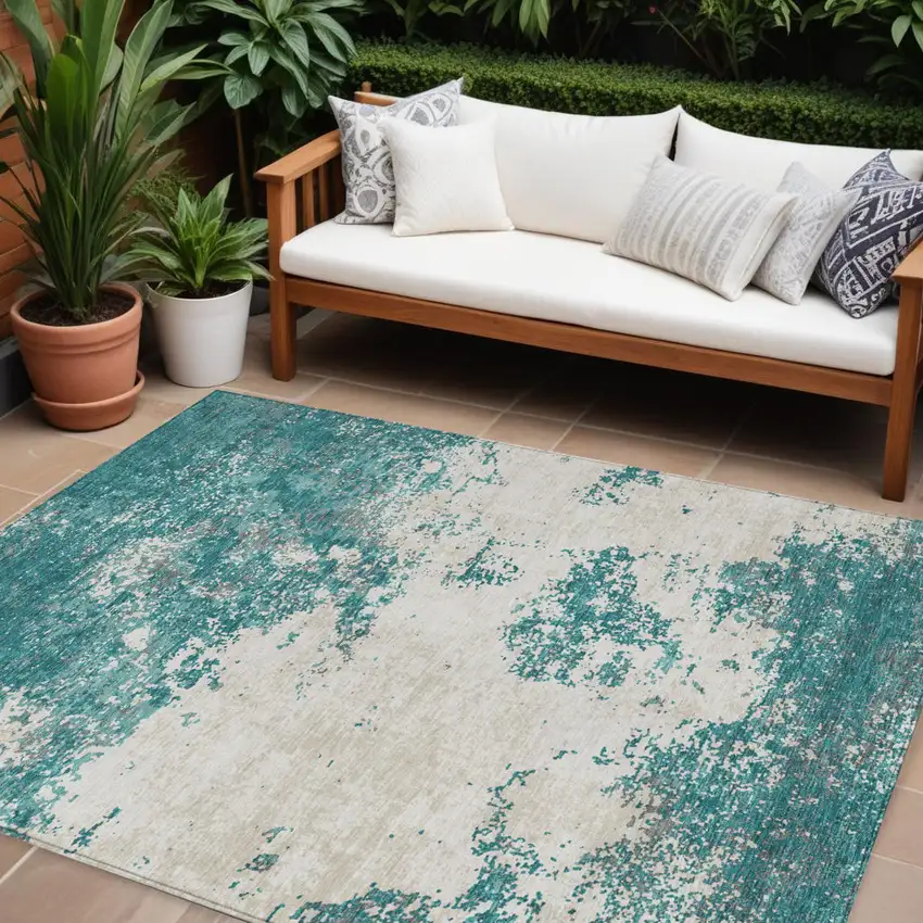 Teal Blue Ivory And Gray Abstract Washable Indoor Outdoor Area Rug Photo 1