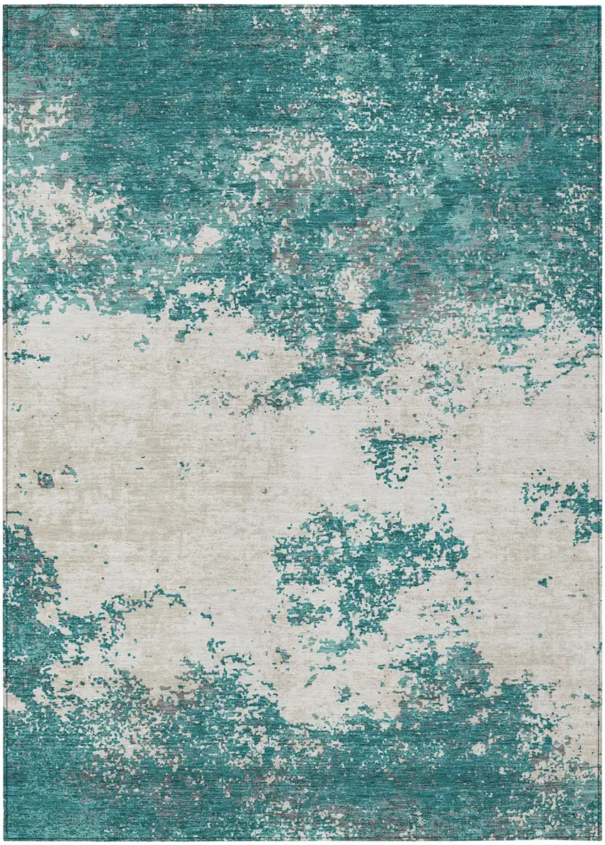 Teal Blue Ivory And Gray Abstract Washable Indoor Outdoor Area Rug Photo 2