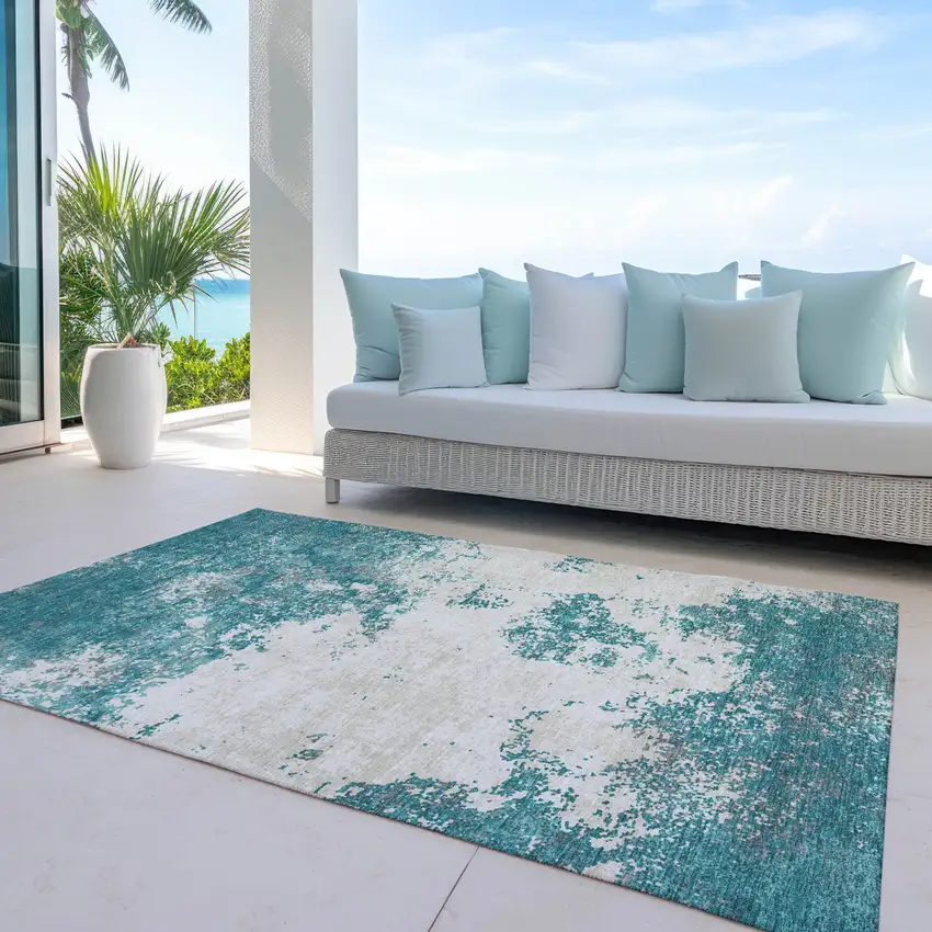 Teal Blue Ivory And Gray Abstract Washable Indoor Outdoor Area Rug Photo 9