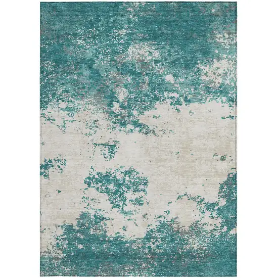 Teal Blue Ivory And Gray Abstract Washable Indoor Outdoor Area Rug Photo 7
