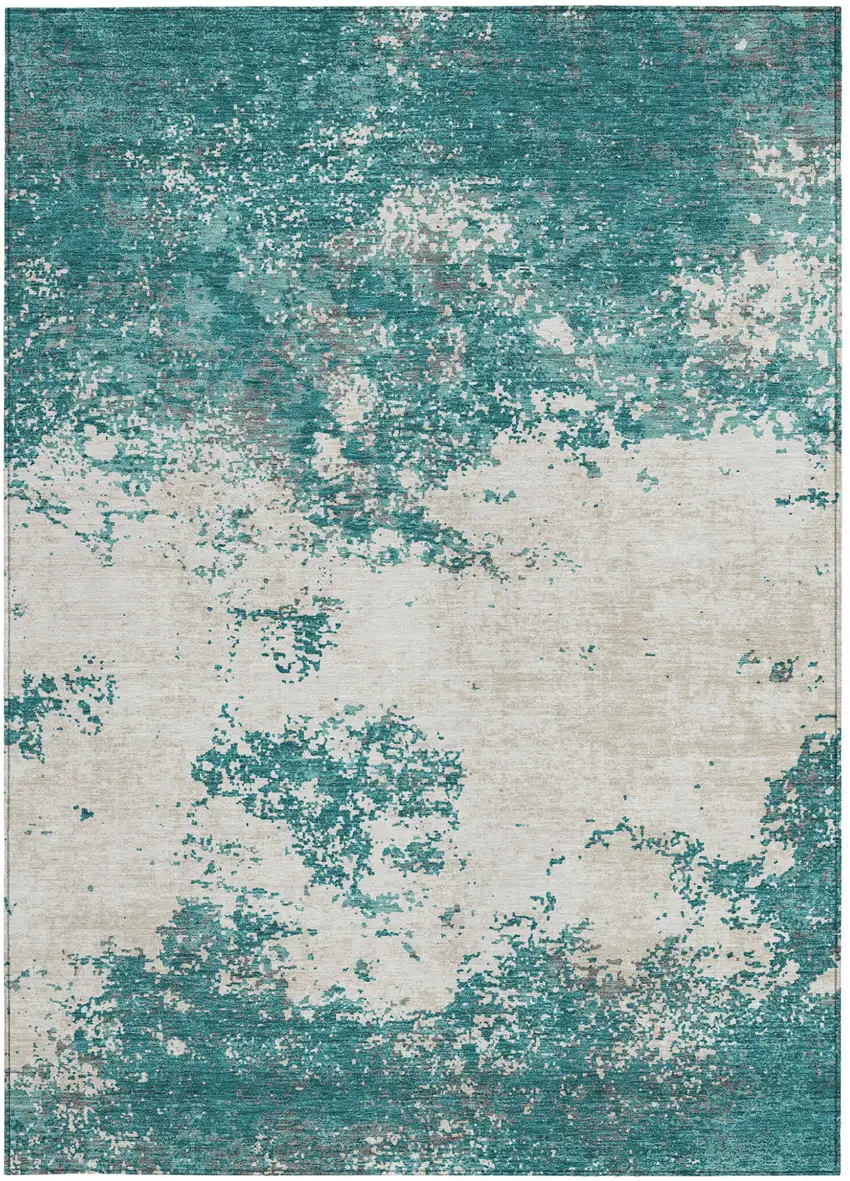 Teal Blue Ivory And Gray Abstract Washable Indoor Outdoor Area Rug Photo 7