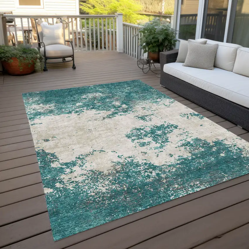 Teal Blue Ivory And Gray Abstract Washable Indoor Outdoor Area Rug Photo 8