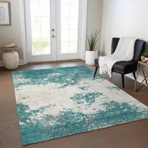Photo of Teal Blue Ivory And Gray Abstract Washable Indoor Outdoor Area Rug