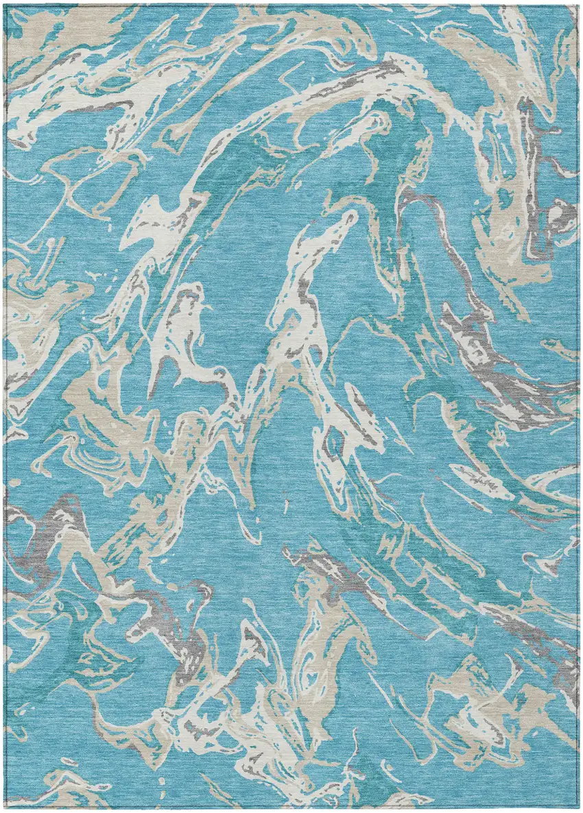 Teal Blue Ivory And Gray Abstract Washable Indoor Outdoor Area Rug Photo 2