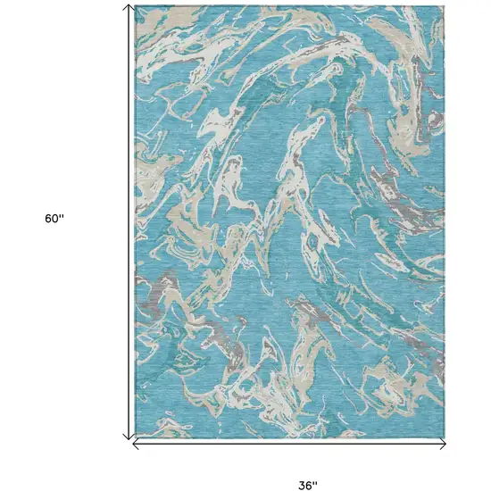Teal Blue Ivory And Gray Abstract Washable Indoor Outdoor Area Rug Photo 3