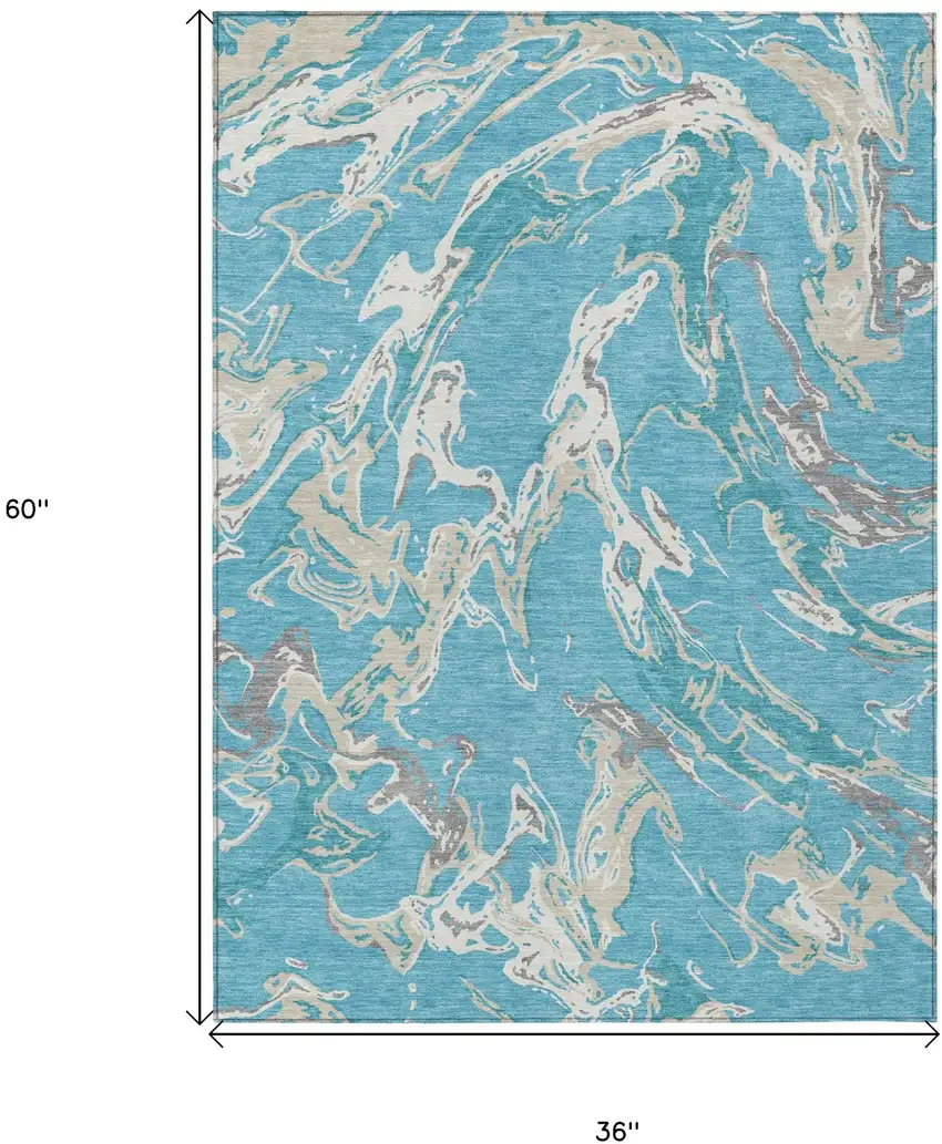 Teal Blue Ivory And Gray Abstract Washable Indoor Outdoor Area Rug Photo 3