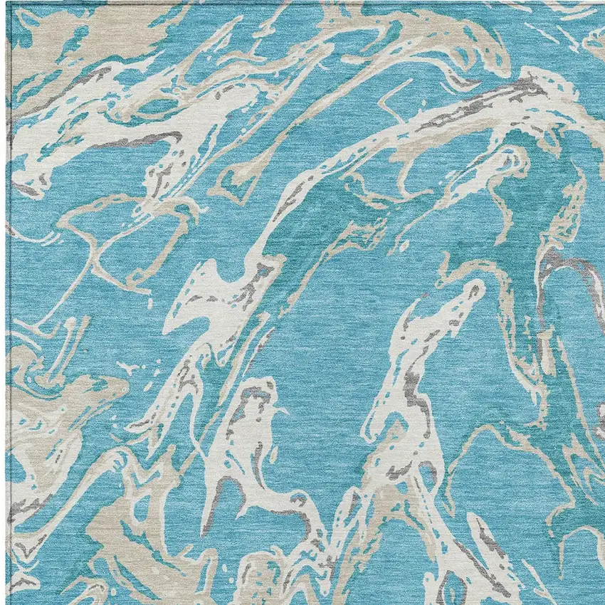 Teal Blue Ivory And Gray Abstract Washable Indoor Outdoor Area Rug Photo 7