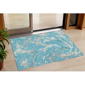 Photo of Teal Blue Ivory And Gray Abstract Washable Indoor Outdoor Area Rug