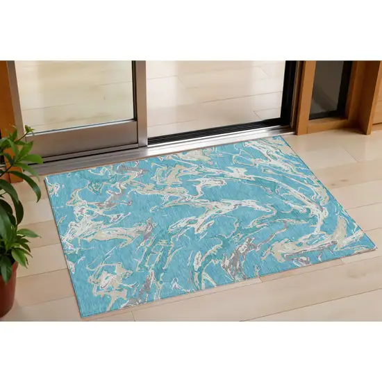 Teal Blue Ivory And Gray Abstract Washable Indoor Outdoor Area Rug Photo 1