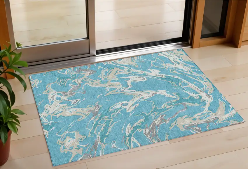 Teal Blue Ivory And Gray Abstract Washable Indoor Outdoor Area Rug Photo 1