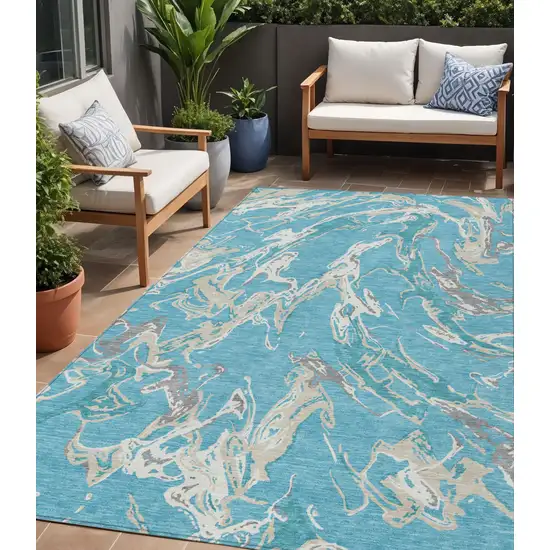 Teal Blue Ivory And Gray Abstract Washable Indoor Outdoor Area Rug Photo 1