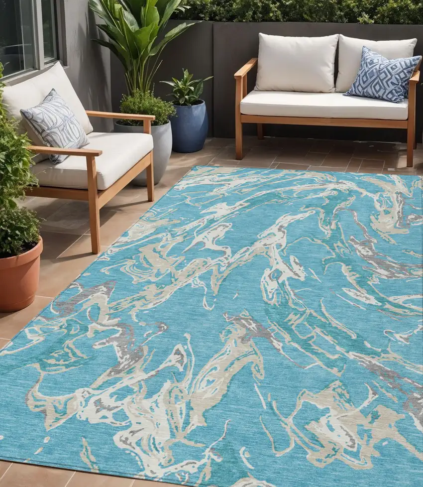 Teal Blue Ivory And Gray Abstract Washable Indoor Outdoor Area Rug Photo 1