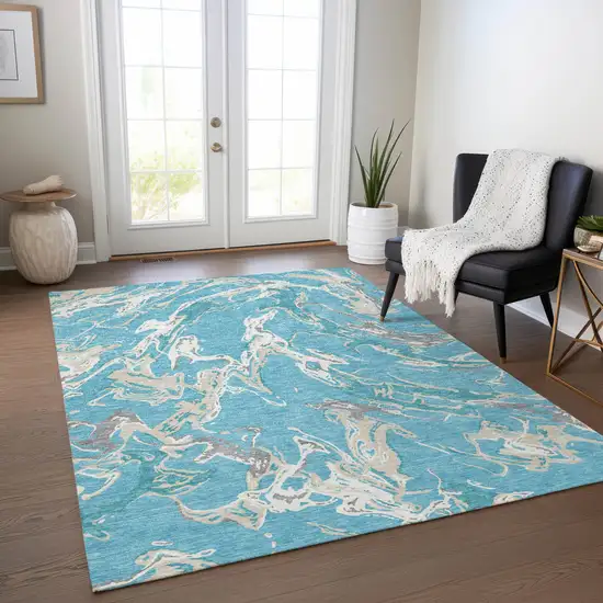 Teal Blue Ivory And Gray Abstract Washable Indoor Outdoor Area Rug Photo 9