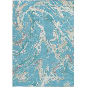 Photo of Teal Blue Ivory And Gray Abstract Washable Indoor Outdoor Area Rug