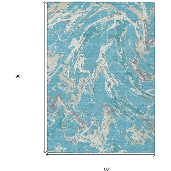 Teal Blue Ivory And Gray Abstract Washable Indoor Outdoor Area Rug Photo 3