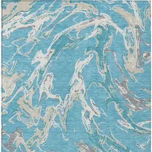 Photo of Teal Blue Ivory And Gray Abstract Washable Indoor Outdoor Area Rug