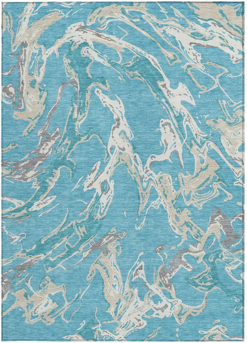 Teal Blue Ivory And Gray Abstract Washable Indoor Outdoor Area Rug Photo 8