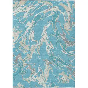 Photo of Teal Blue Ivory And Gray Abstract Washable Indoor Outdoor Area Rug