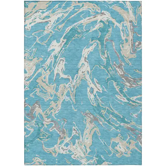Teal Blue Ivory And Gray Abstract Washable Indoor Outdoor Area Rug Photo 2